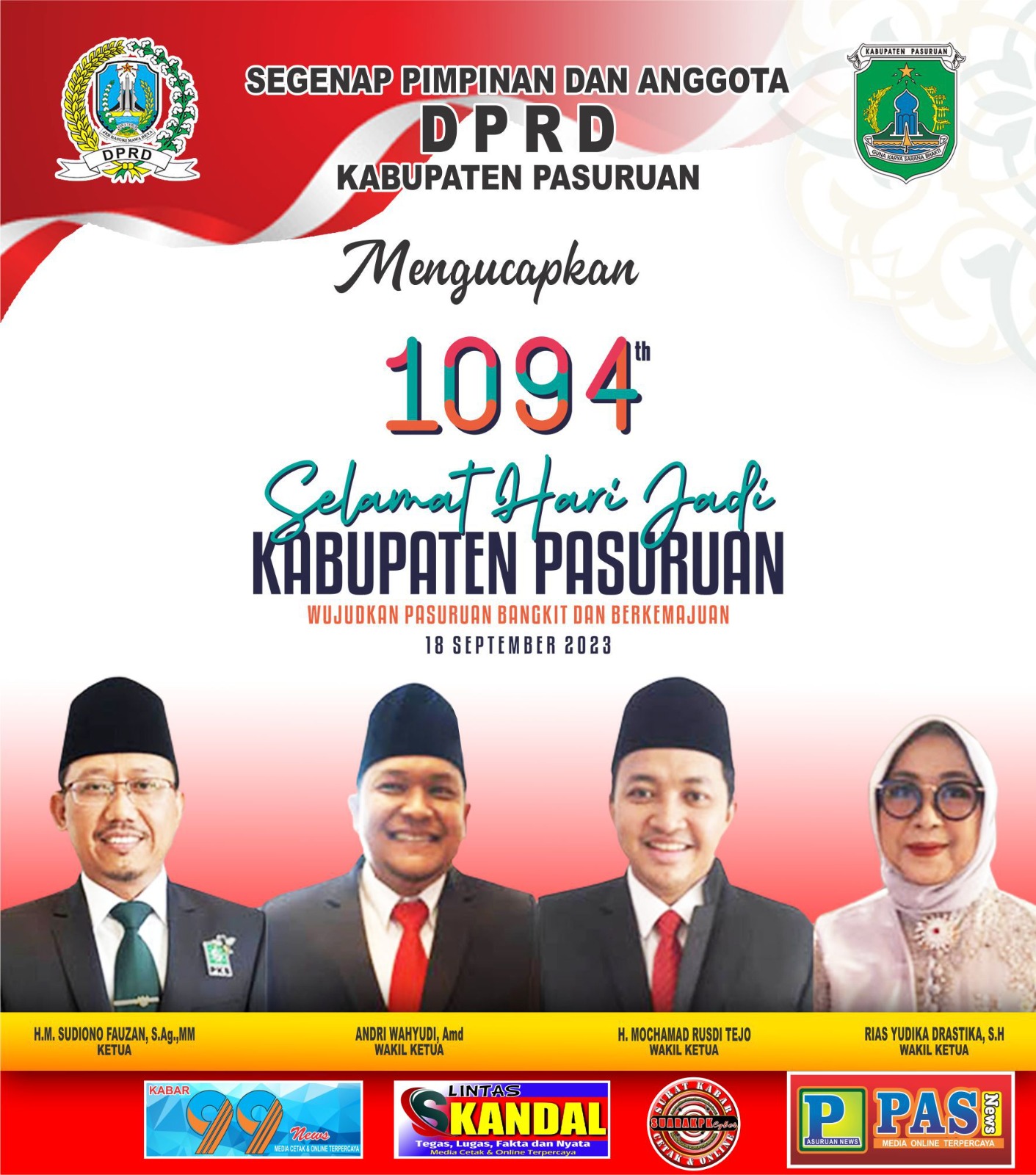 Segenap Pimpinan Dan Anggota DPRD Kabupaten Pasuruan Mengucapkan Selamat Hari Jadi Kabupaten Pasuruan ke-1094 18 September 2023