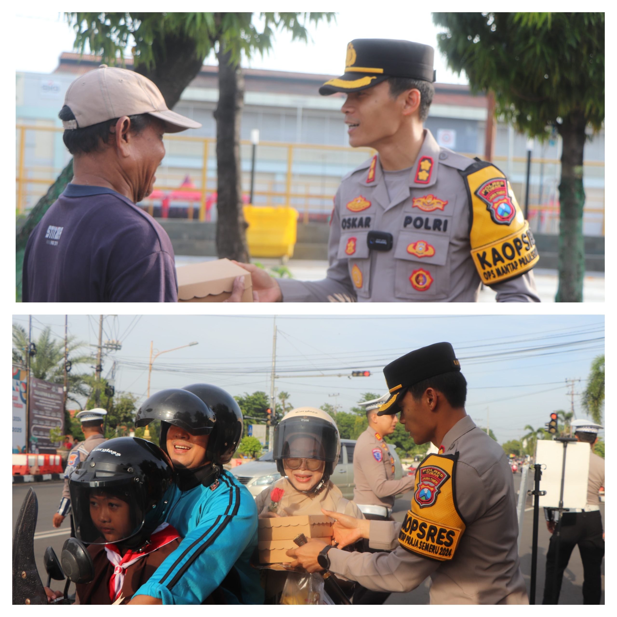 Operasi Keselamatan Semeru di Jumat Berkah Polres Tuban Ajak Masyarakat Tertib Lalin Dengan Berbagi Nasi Kotak